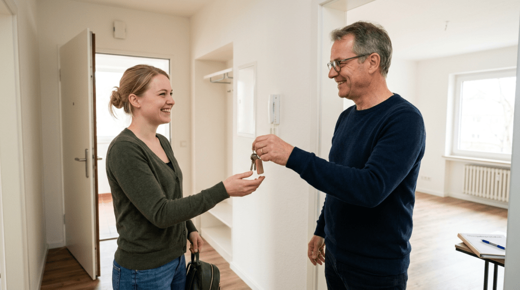 Man giving apartment keys to woman standing in empty room